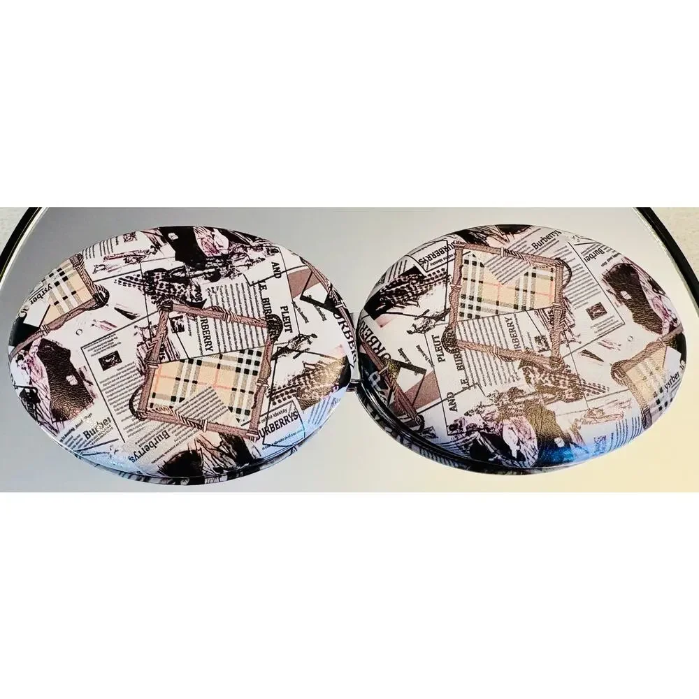 COMPACT MIRROR: Oval-Shaped White, Black, Beige, & Red w/Newspaper Design, NWOT